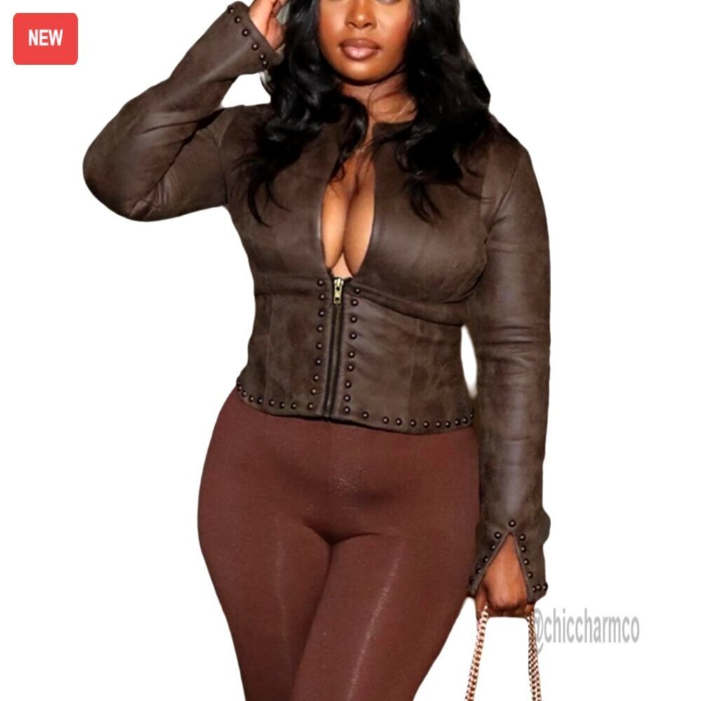 Cropped Leather Jacket Women Studded Zip Up Long Sleeve Motorcycle Style